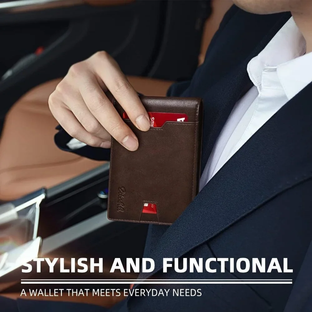 Men's Chocolate Premium Vegan Leather Wallet Slim Blocking Credit Card Design - Picture 6 of 8